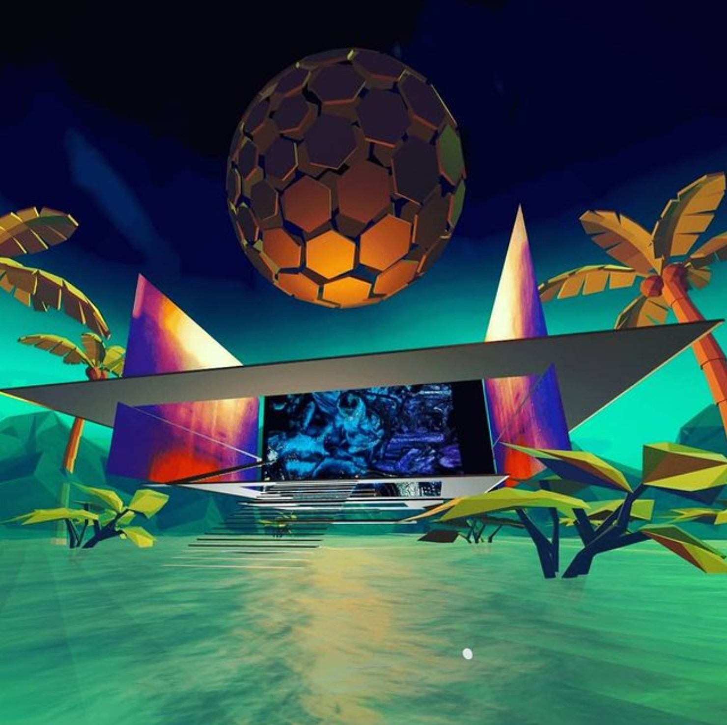 beautiful virtual oasis with a stage framed my polygonal palm trees