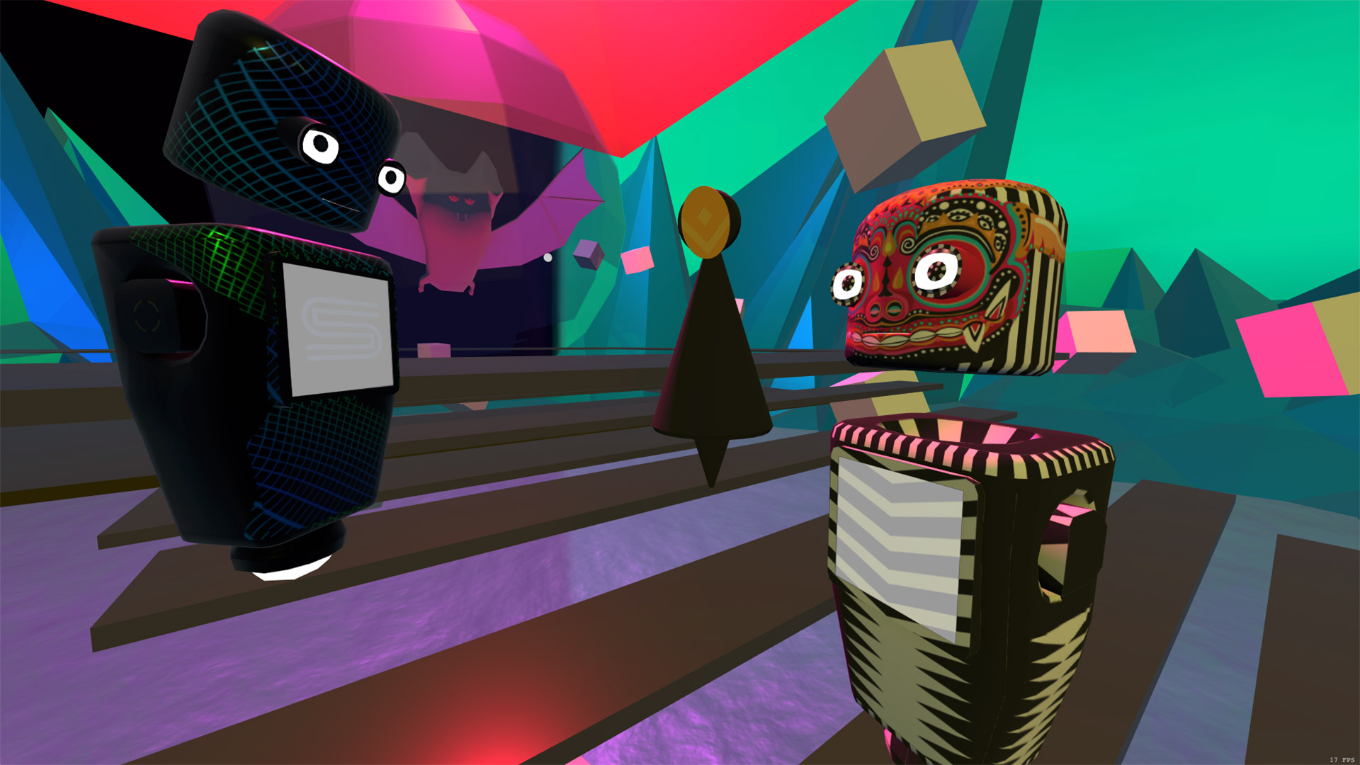 virtual avatars talking in a colorful environment