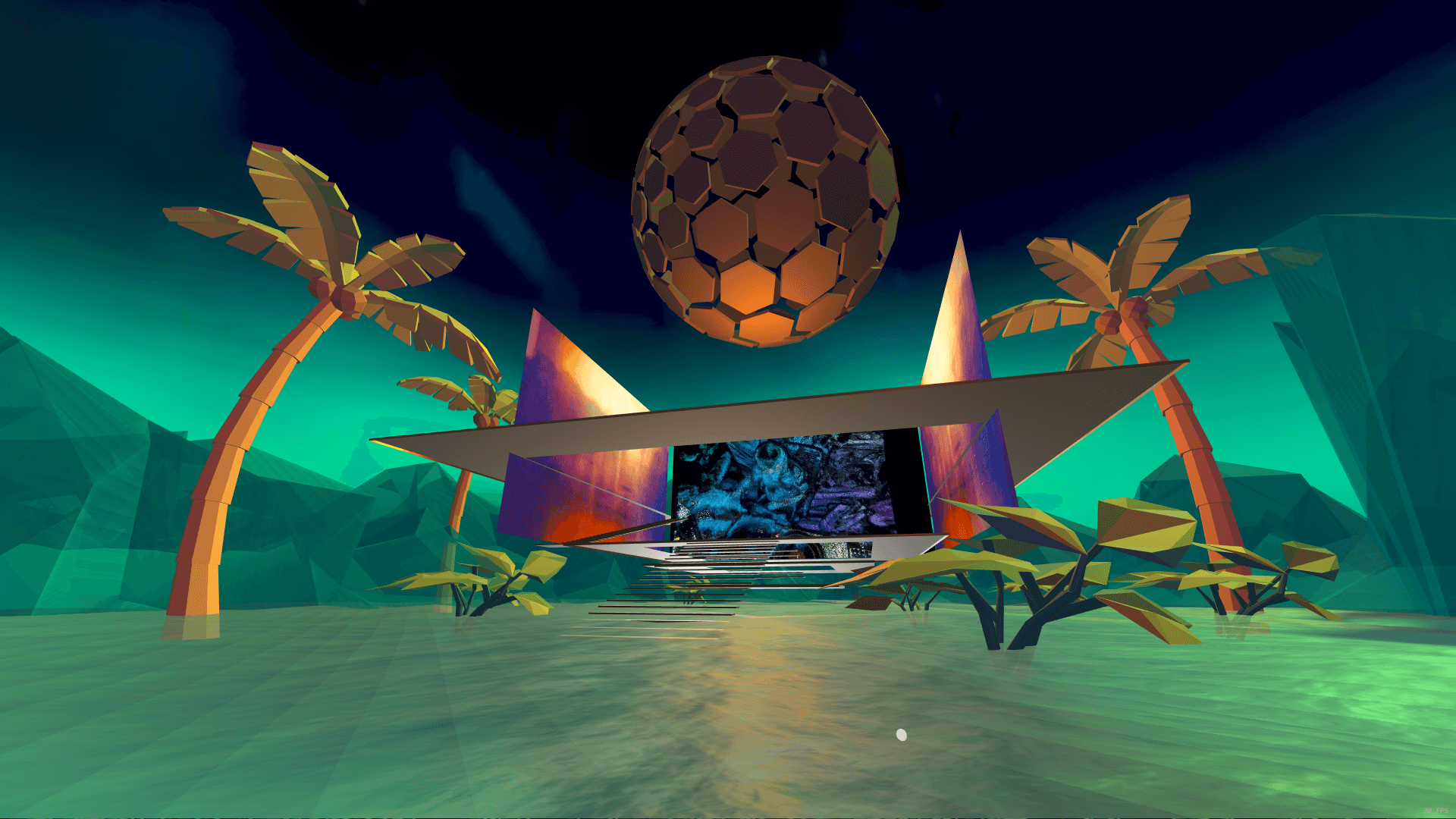 beautiful virtual oasis with a stage framed my polygonal palm trees